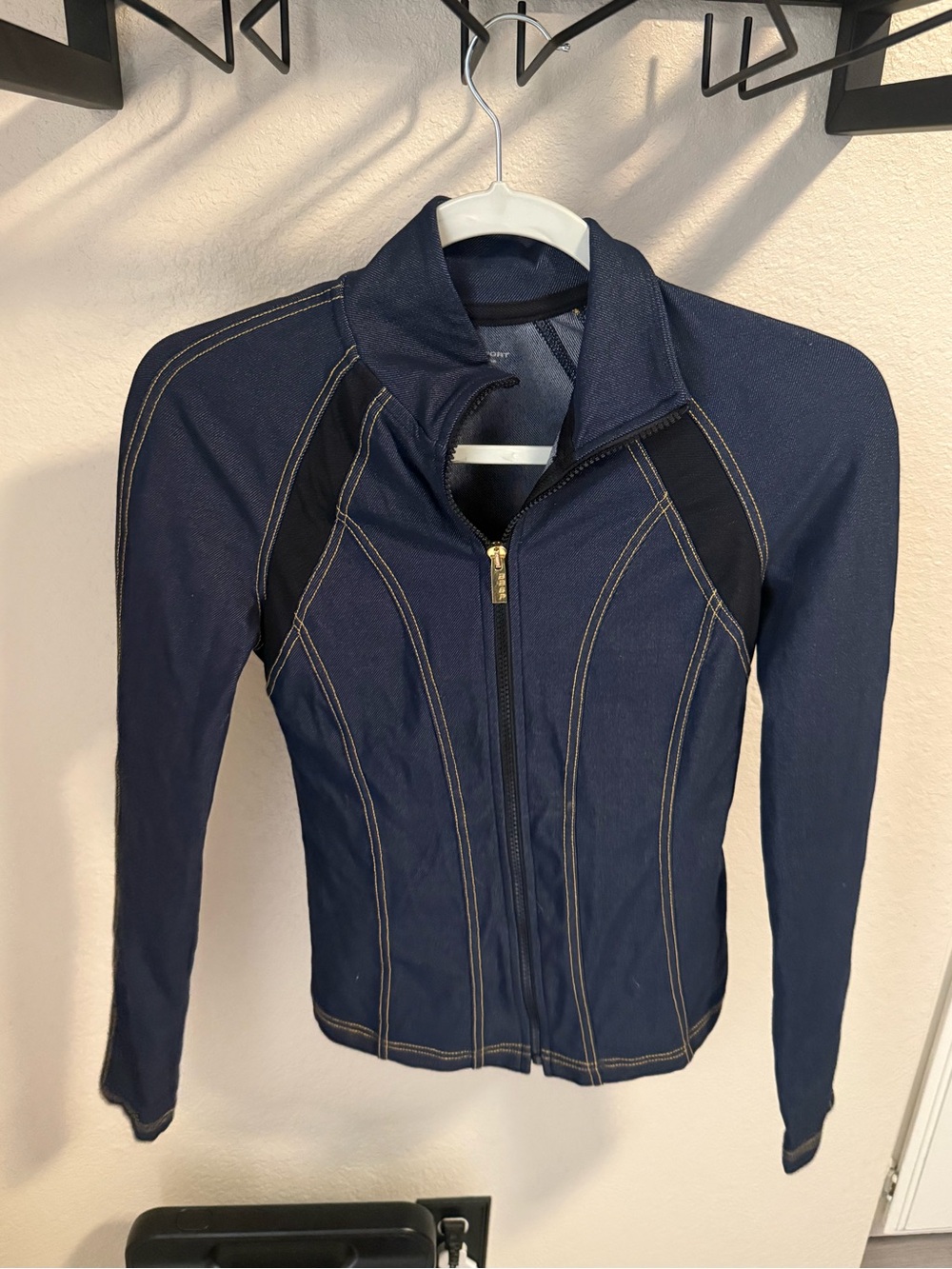 Bebe Sport Y2K Dark Denim Print Zip Up Track Jacket Contrast Stitching - Size XS